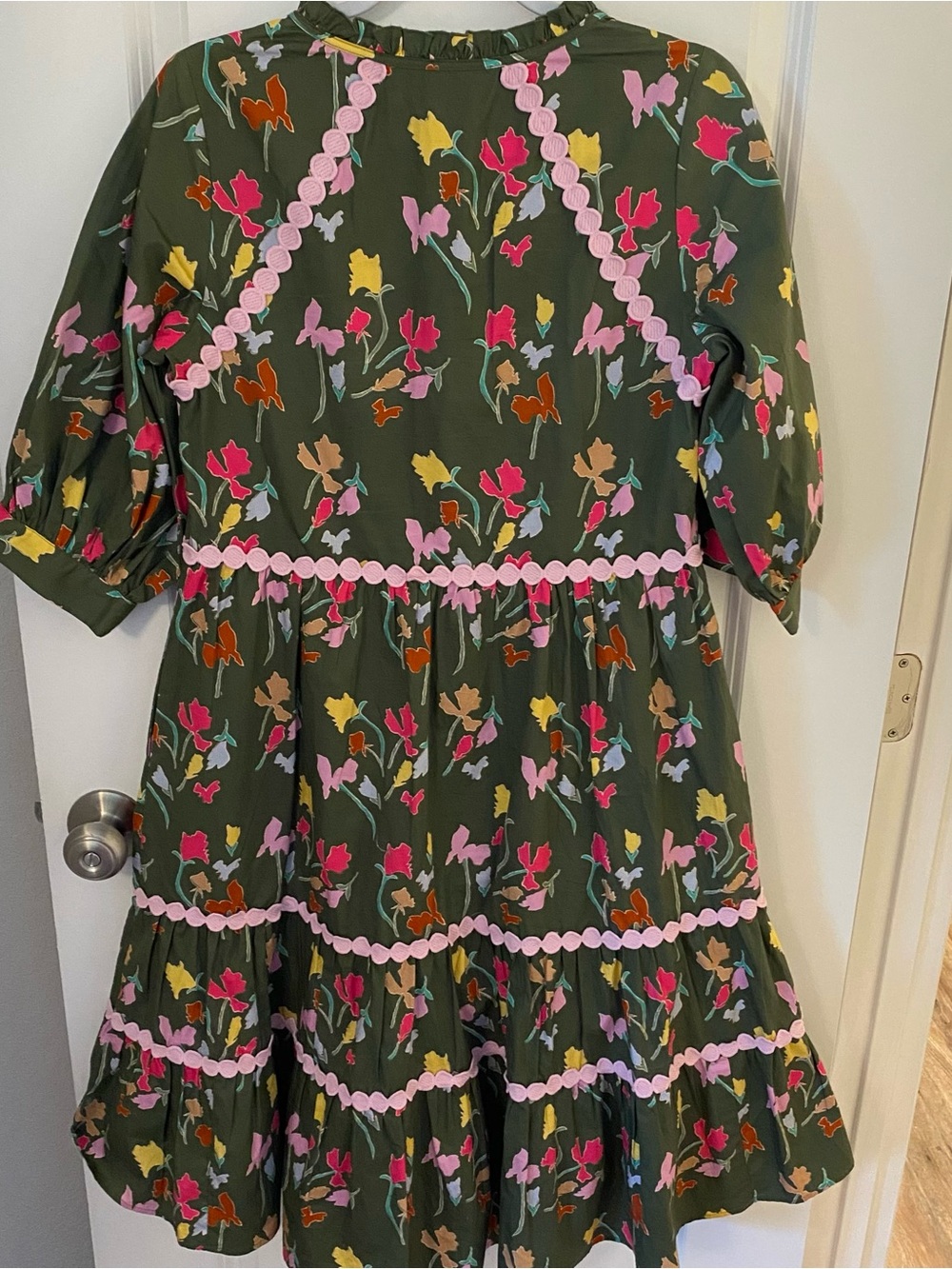 CROSBY by Mollie Burch Olive Floral Ruffle Dress with Pink Scallop Trim - Picture 5 of 8